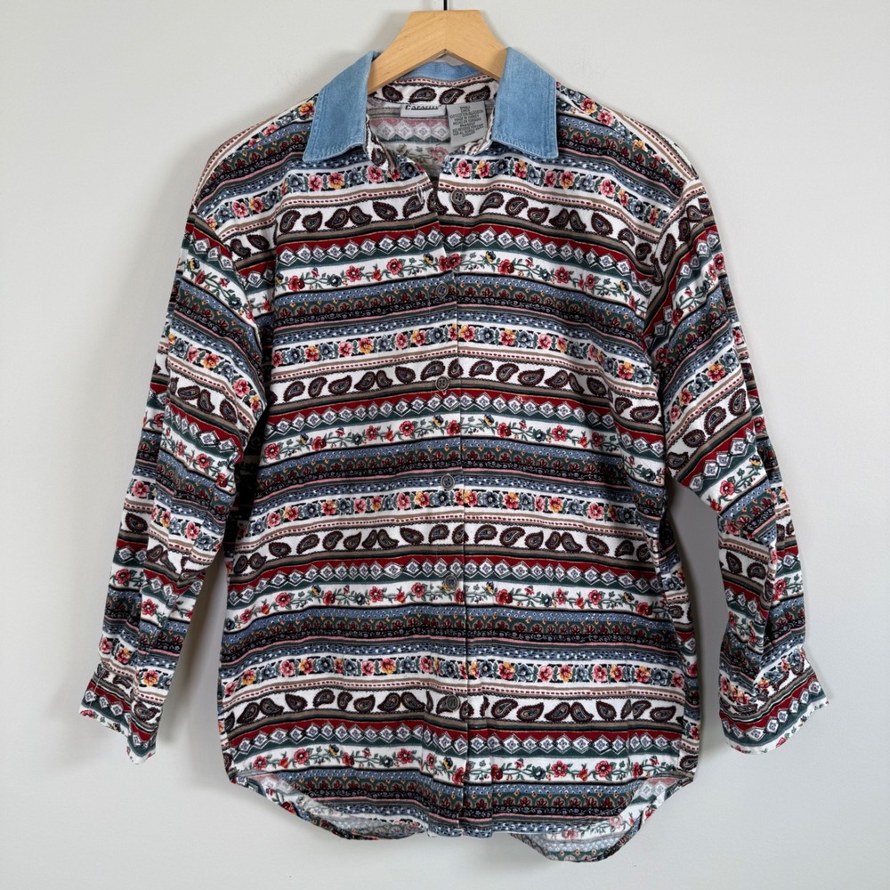Capacity Vintage VTG 100%‎ Cotton Mixed Print Funky Button Up Shirt Top Small